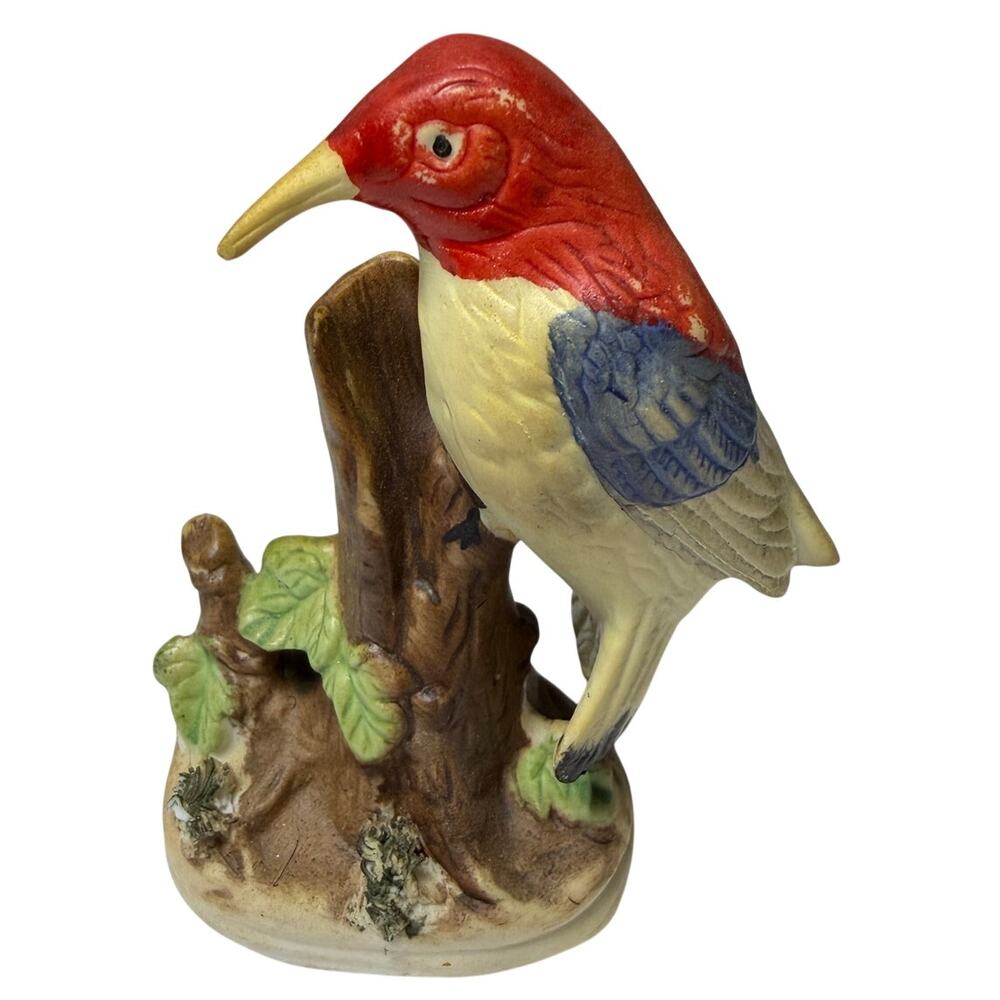 Vintage Norleans Porcelain Bird Figurine Woodpecker Tree Stump Decor As-Is